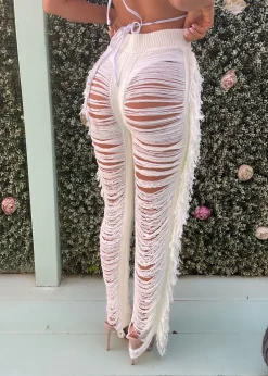 Andrina Fringe Trousers - Cream|DressMeZee Sale