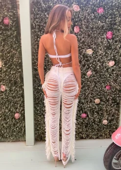 Andrina Fringe Trousers - Cream|DressMeZee Sale