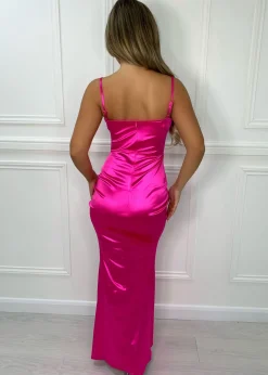 Aurora Satin Gown With Side Slit - Hot Pink|DressMeZee Discount
