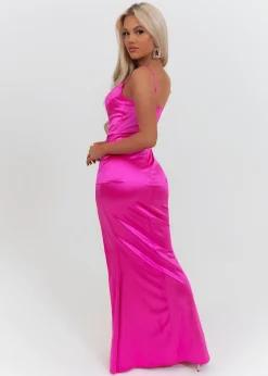 Aurora Satin Gown With Side Slit - Hot Pink|DressMeZee Fashion