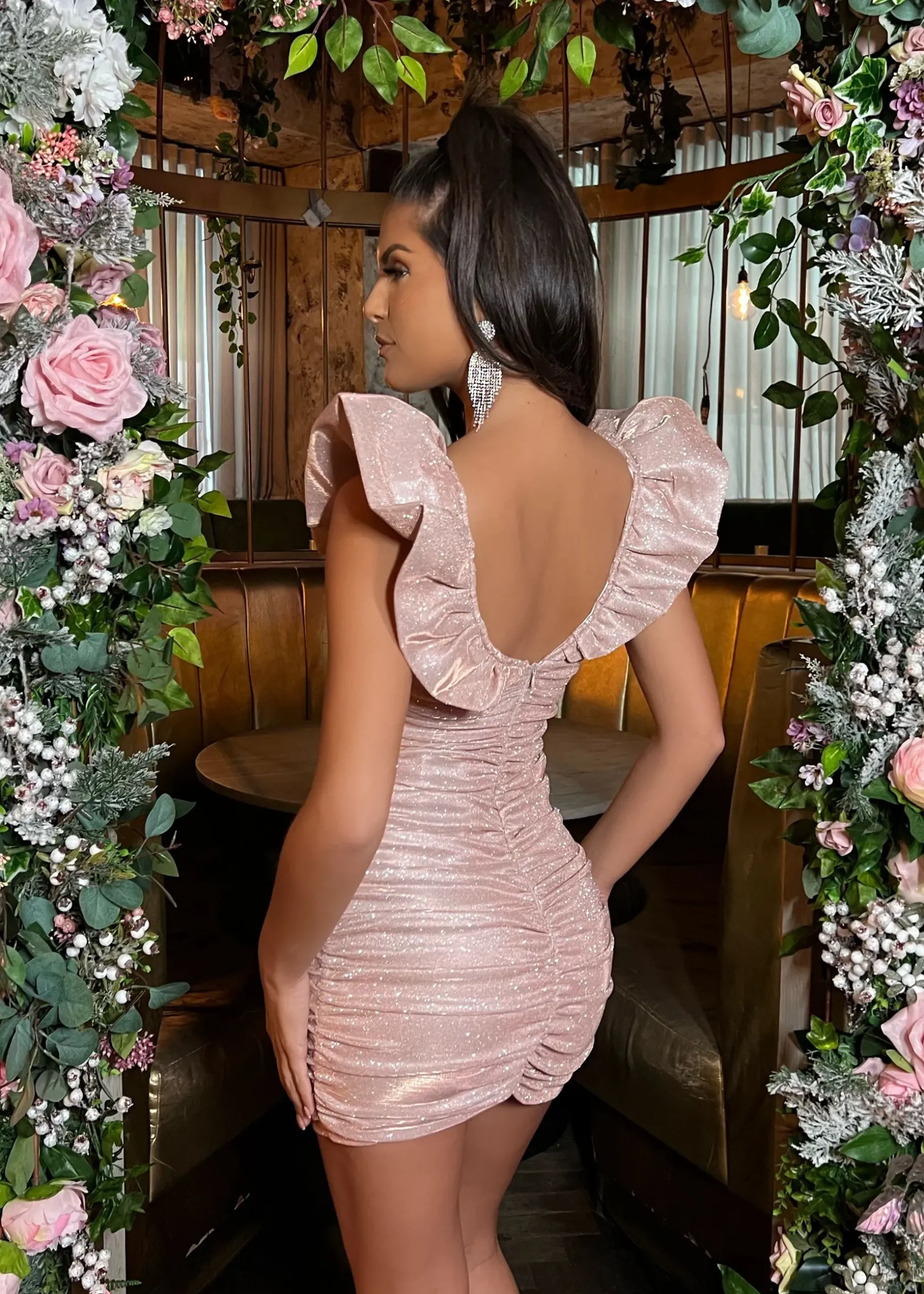 Bling It On Extreme Puff Sleeve Glitter Dress - Rose Gold|DressMeZee Best