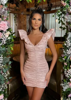 Bling It On Extreme Puff Sleeve Glitter Dress - Rose Gold|DressMeZee Best