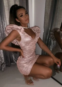 Bling It On Extreme Puff Sleeve Glitter Dress - Rose Gold|DressMeZee Best