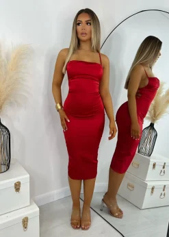 Brianna Satin Midi Dress - Red|DressMeZee Best
