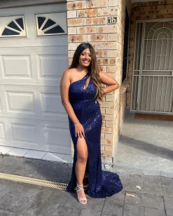 Candice One Shoulder Cut Out Gown - Midnight Blue|DressMeZee Sale