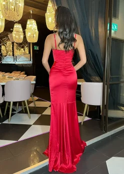 Carley Diamante Satin Split Gown - Red|DressMeZee Discount