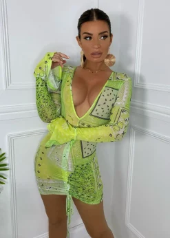Carmen Print Mesh Dress - Green|DressMeZee New