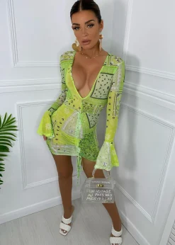Carmen Print Mesh Dress - Green|DressMeZee New