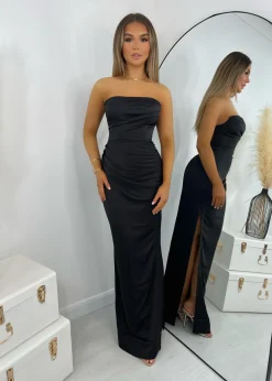 Cold Shoulder Strapless Satin Maxi Dress - Black|DressMeZee Hot