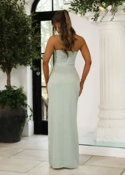 Cold Shoulder Strapless Satin Maxi Dress - Mint|DressMeZee Sale