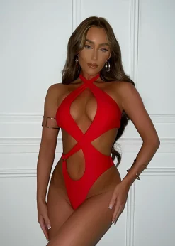 Deep Water Cut Out Swimsuit - Red|DressMeZee Hot