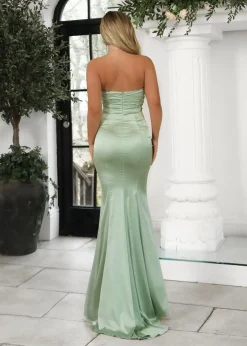 Delilah Ruched Corset Satin Gown - Sage|DressMeZee Sale
