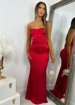 Delilah Ruched Corset Satin Gown - Red|DressMeZee Fashion