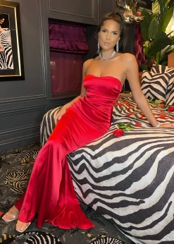 Delilah Ruched Corset Satin Gown - Red|DressMeZee Fashion
