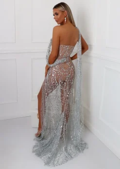 Diamond Nights Glitter Mesh Maxi Dress - Silver|DressMeZee New