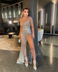 Diamond Nights Glitter Mesh Maxi Dress - Silver|DressMeZee New