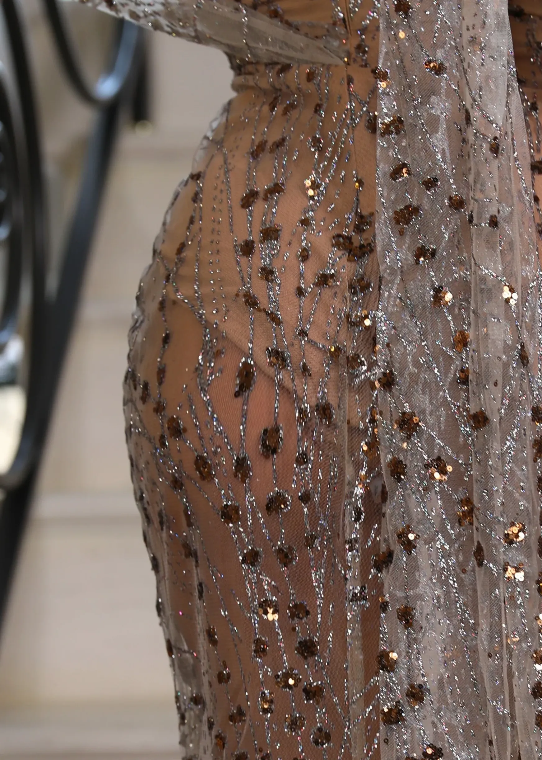 Diamond Nights Glitter Mesh Maxi Dress - Bronze|DressMeZee Discount