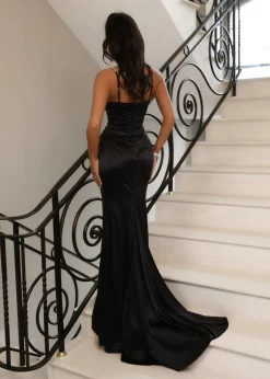 Elegant Desire Satin Split Gown - Black|DressMeZee Discount