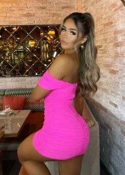 Elle Off Shoulder Mini Dress - Hot Pink|DressMeZee Hot