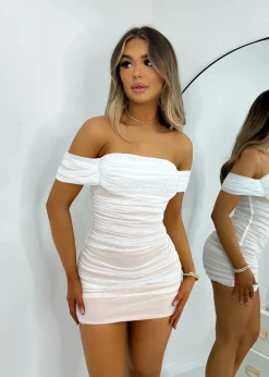 Elle Off Shoulder Mini Dress - White|DressMeZee Outlet