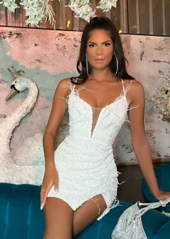 Feather Fantasy Mini Dress - White|DressMeZee Clearance