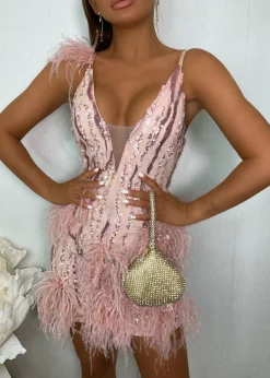 Felicity Premium Sequin Feather Mini Dress - Pink|DressMeZee New