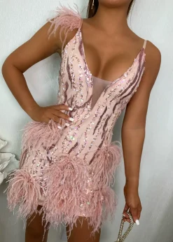 Felicity Premium Sequin Feather Mini Dress - Pink|DressMeZee New