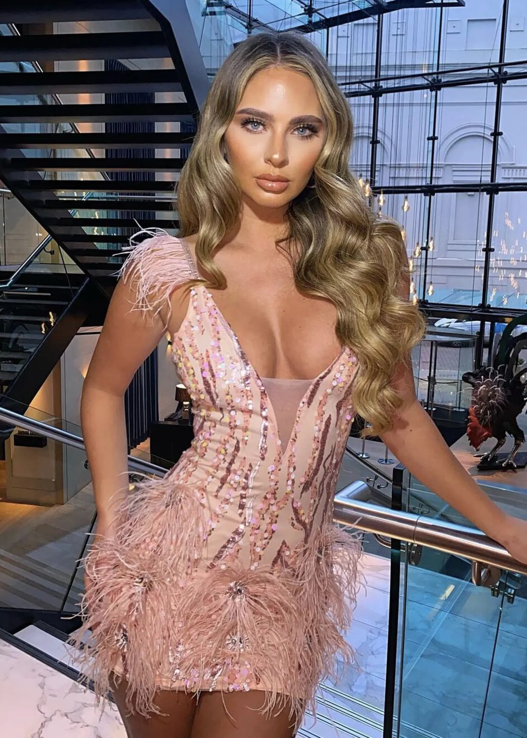 Felicity Premium Sequin Feather Mini Dress - Pink|DressMeZee New