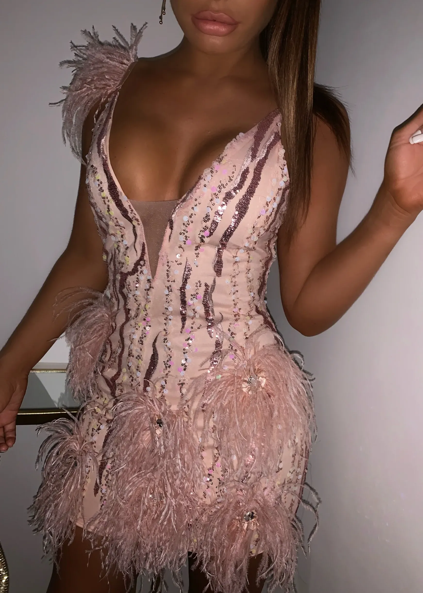 Felicity Premium Sequin Feather Mini Dress - Pink|DressMeZee New
