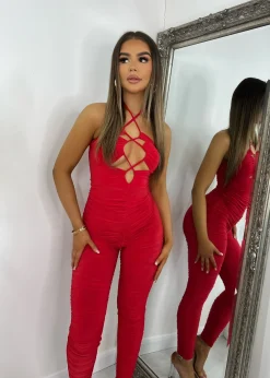 Giovanna Ruched Jumpsuit - Red|DressMeZee Clearance