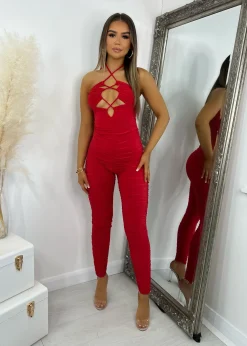 Giovanna Ruched Jumpsuit - Red|DressMeZee Clearance