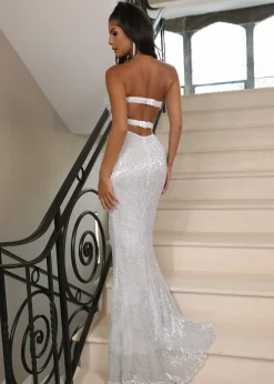 Glam Queen Sequin Split Gown - Silver|DressMeZee Clearance