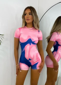 Heating Up Printed Romper - Pink/Blue|DressMeZee Online