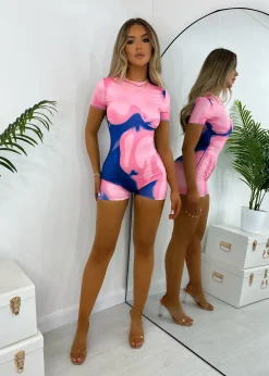 Heating Up Printed Romper - Pink/Blue|DressMeZee Online