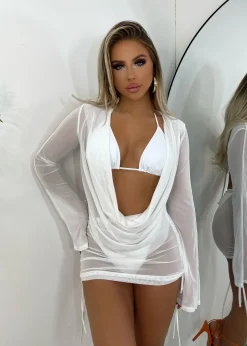 In The Sheer Cowl Neck Two Piece - White|DressMeZee New