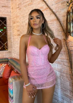 Jenni Corset Sequin Mini Dress - Pink|DressMeZee Online
