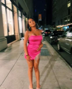Jordyn Diamante Fringe Asymmetric Mini Dress - Fuchsia|DressMeZee Fashion