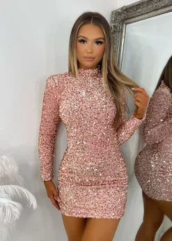 Josie Long Sleeve Sequin Mini - Rose Gold|DressMeZee Hot