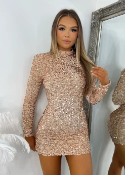 Josie Long Sleeve Sequin Mini - Gold|DressMeZee Best