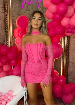 Kat Embellished Mini Dress - Hot Pink|DressMeZee Best