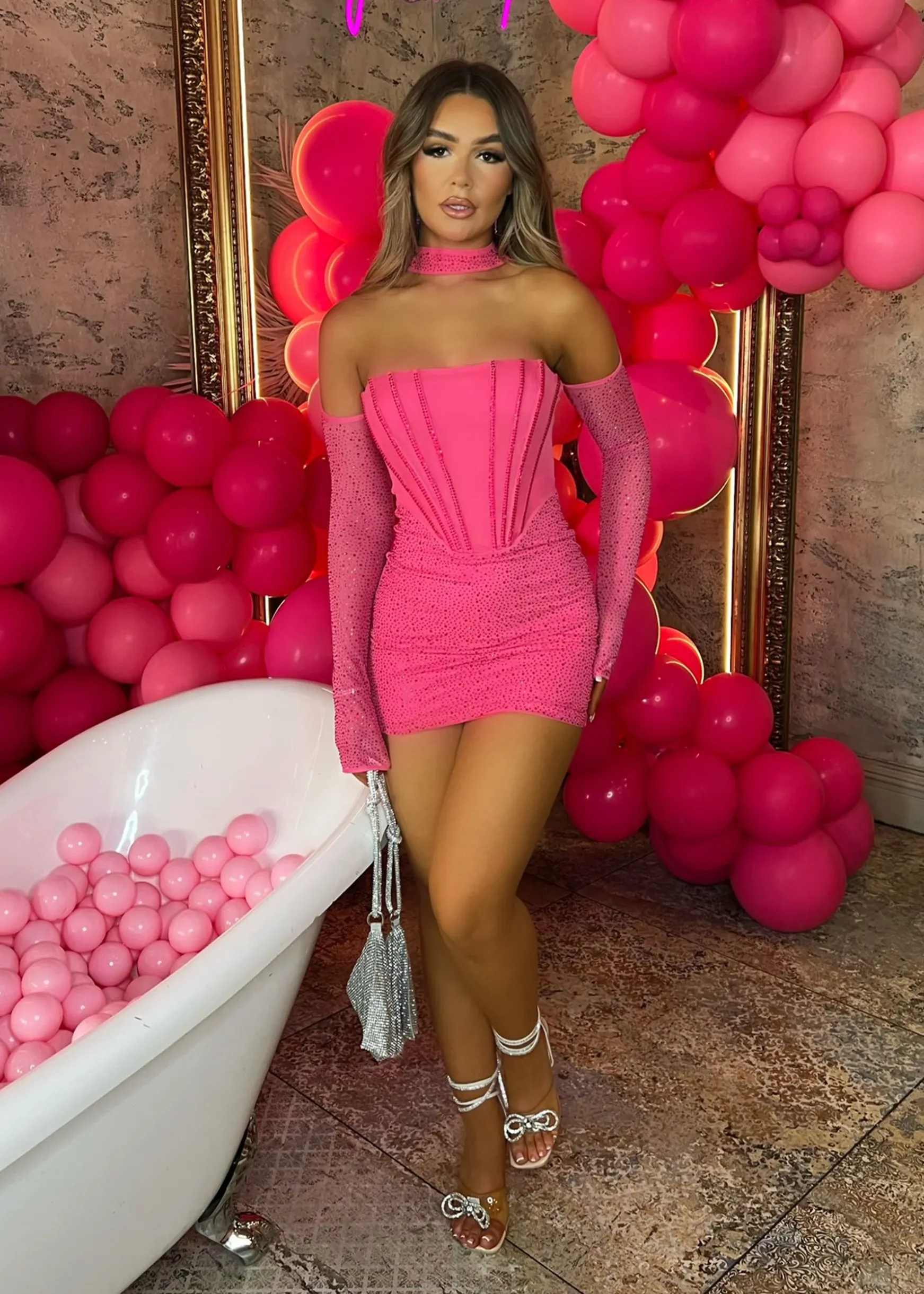 Kat Embellished Mini Dress - Hot Pink|DressMeZee Best