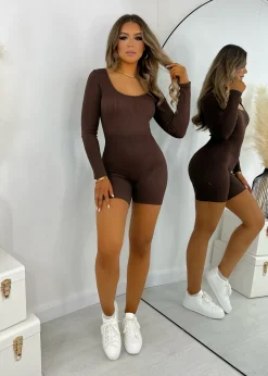 Know Your Worth Long Sleeve Romper - Brown|DressMeZee Outlet