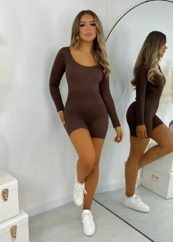 Know Your Worth Long Sleeve Romper - Brown|DressMeZee Outlet