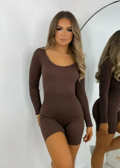 Know Your Worth Long Sleeve Romper - Brown|DressMeZee Outlet