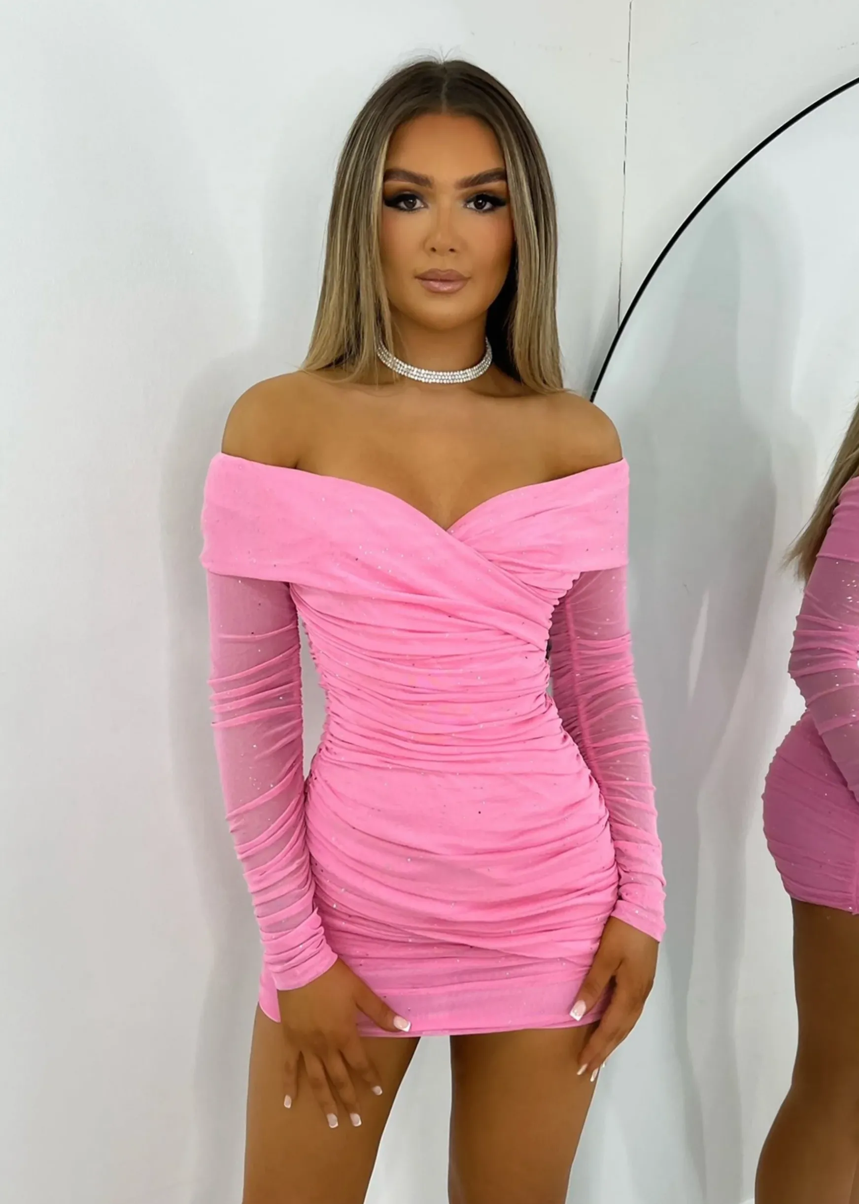 Kylie Sparkle Mesh Mini Dress - Baby Pink Sparkle|DressMeZee Best