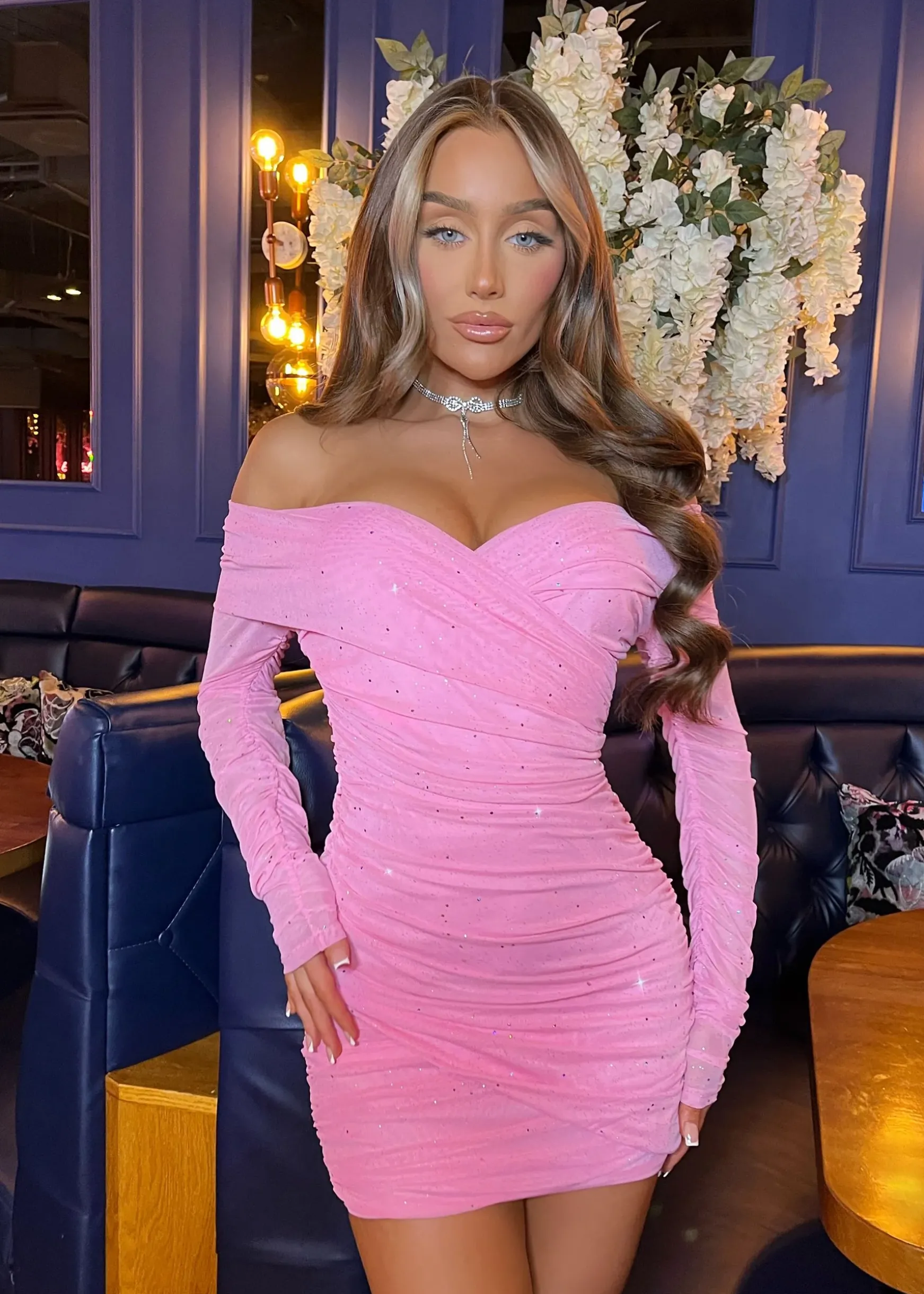 Kylie Sparkle Mesh Mini Dress - Baby Pink Sparkle|DressMeZee Best