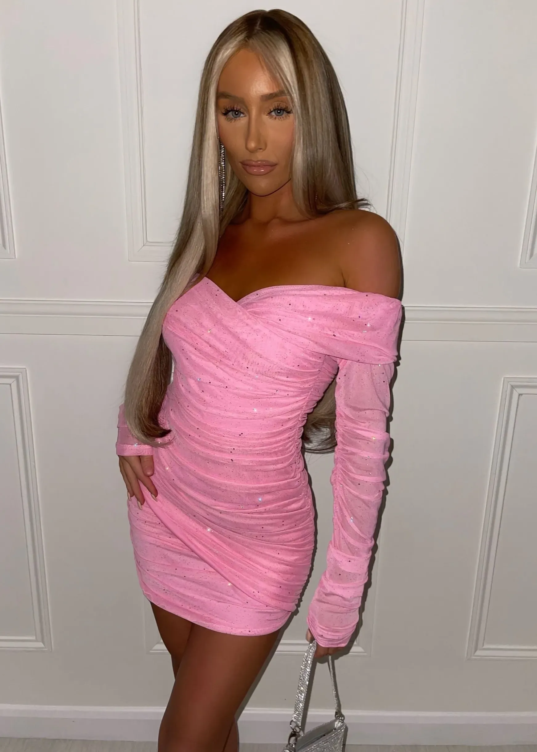 Kylie Sparkle Mesh Mini Dress - Baby Pink Sparkle|DressMeZee Best