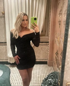 Kylie Sparkle Mesh Mini Dress - Black Sparkle|DressMeZee New
