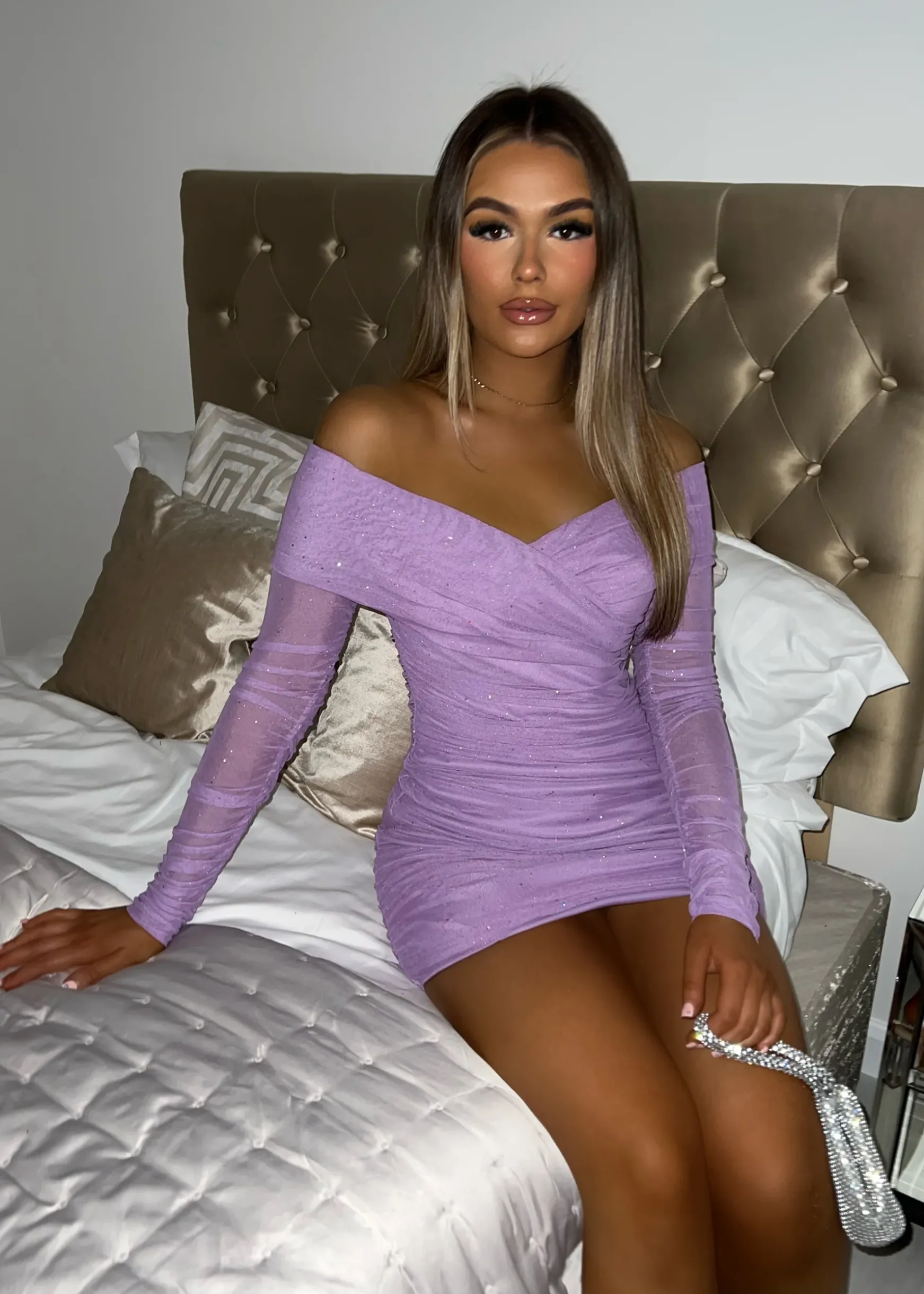 Kylie Sparkle Mesh Mini Dress - Lilac|DressMeZee Outlet
