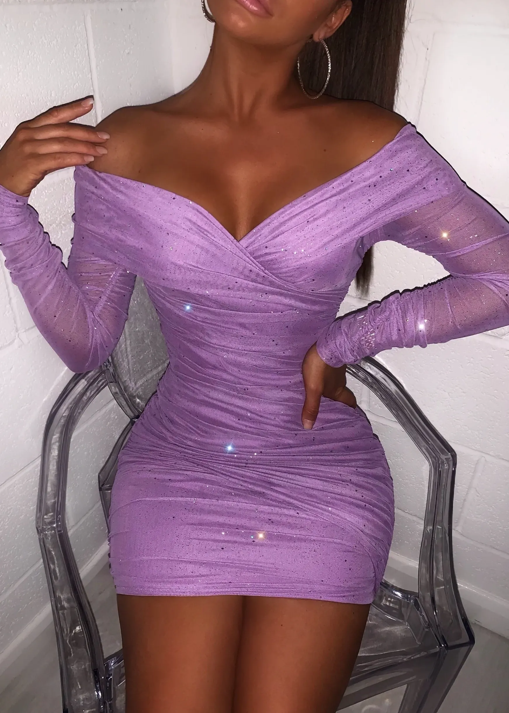 Kylie Sparkle Mesh Mini Dress - Lilac|DressMeZee Outlet